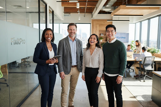 The Al Show You How diverse team of experts standing confidently in a modern, sun-drenched industrial office space. The team members, representing various backgrounds, are smiling warmly at the camera, conveying professionalism and approachability. The background features clean glass partitions with the Al Show You How logo and colleagues collaborating in the distance. The lighting is bright and airy, reflecting a positive corporate culture and modern efficiency.